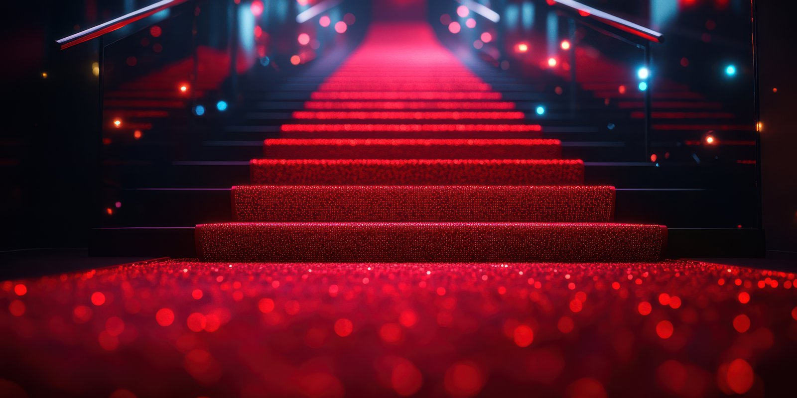 Elegant red carpet leads up to a glamorous staircase illuminated with soft lights after sunset
